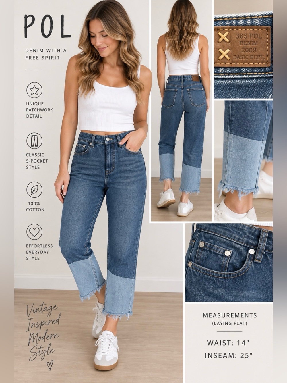 105 POL Size S Two Tone Patchwork Denim Cropped Jeans Raw Hem High Rise - Picture 1 of 7